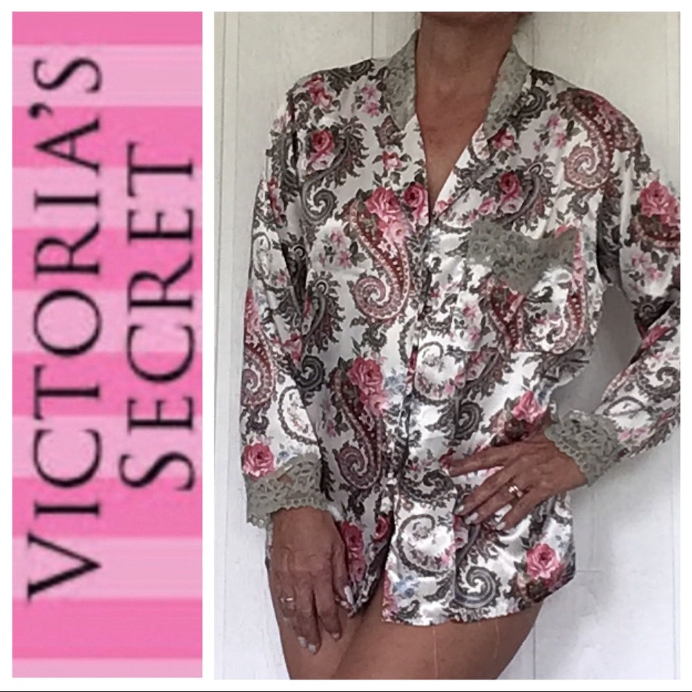 VICTORIAS SECRET GOLD LABEL SATIN FLORAL PAJAMA SHIRT SMALL